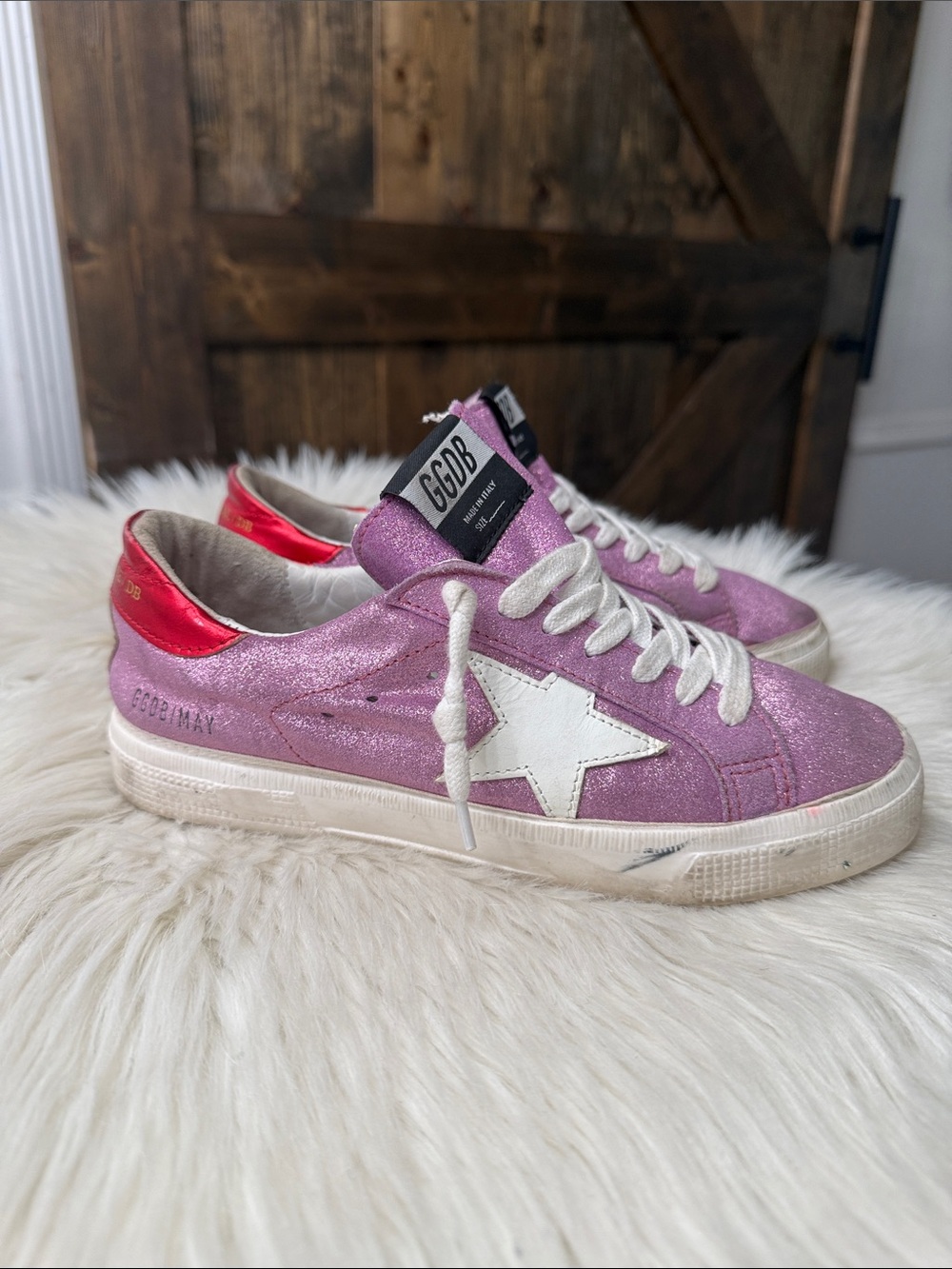 GOLDEN GOOSE May Glittered Leather Sneakers